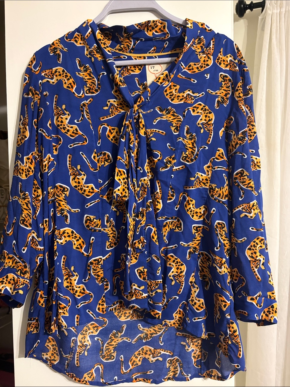 Anthropologie Royal Blue Leopard Tie-Neck Blouse